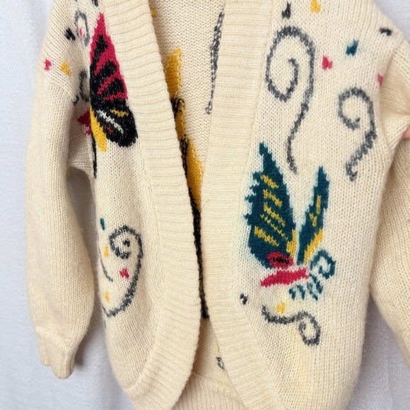 Vtg RARE UNO & UNA Butterfly Knit Cardigan Sweater Cream Wool Blend - Picture 4 of 11